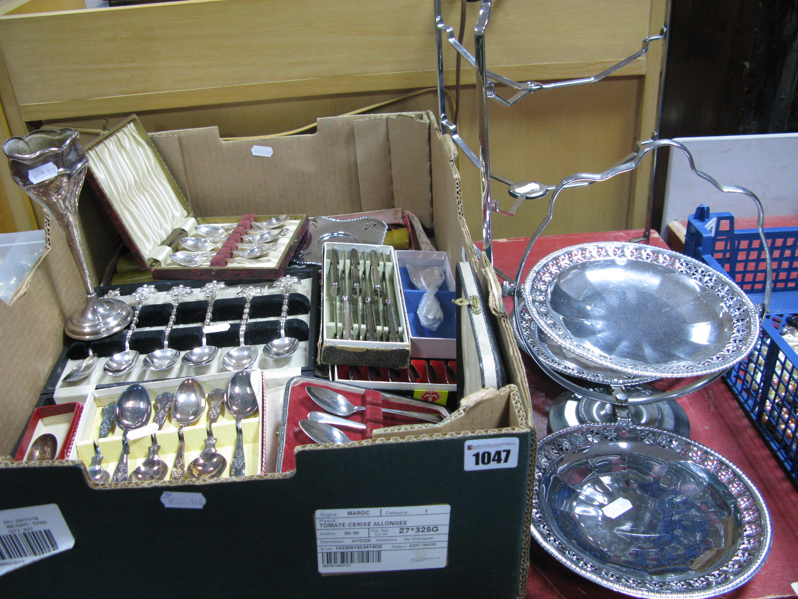 Plated Three Tier Cake Stand, (lacking plates), cased spoons, vase, carving set, boxed knives, etc.