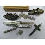 A Hallmarked Silver and Mother of Pearl Fruit Knife, thimble, crucifix pendant, hallmarked silver