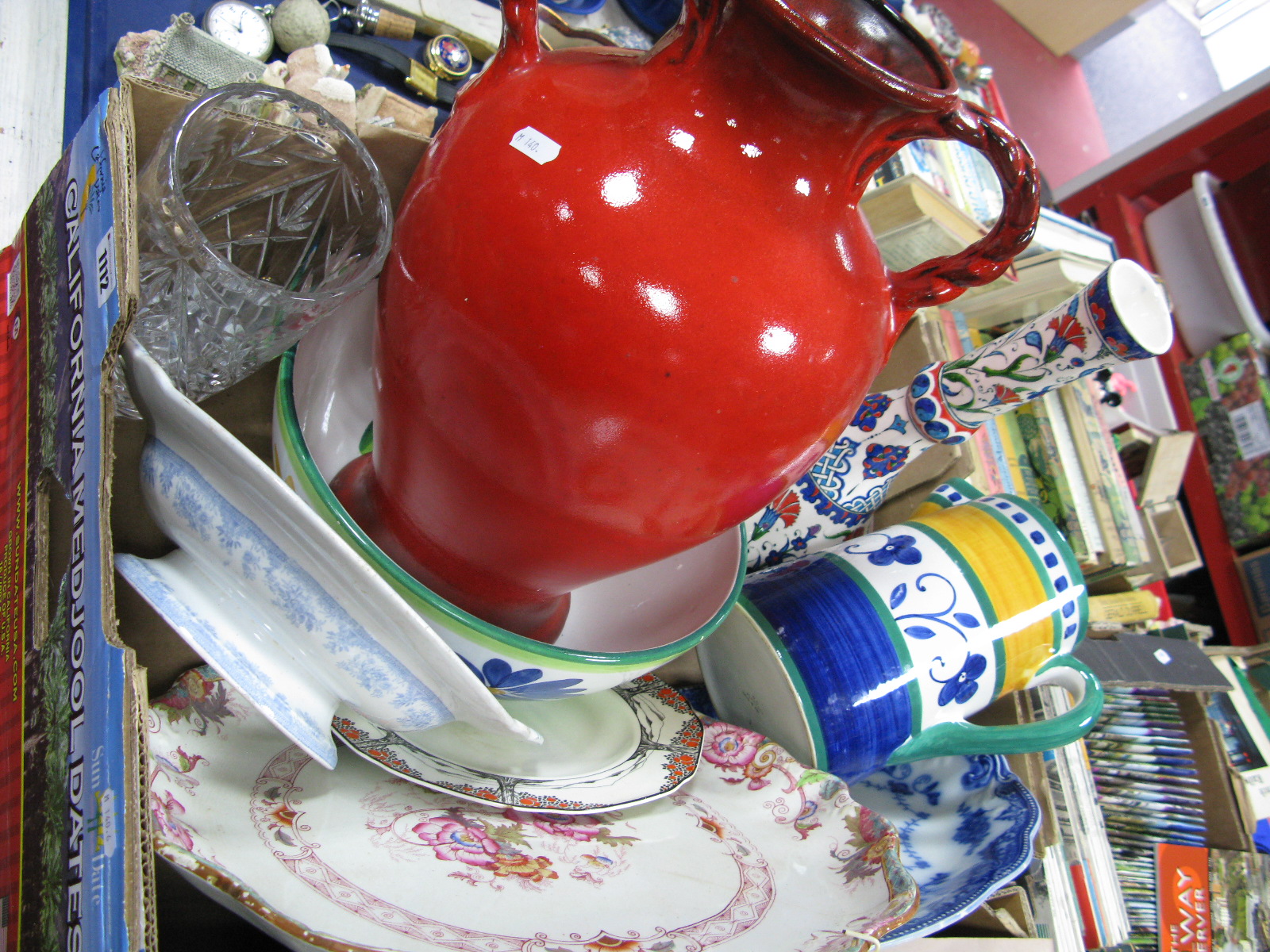 A Red Pottery Twin Handled Vase, blue and white meat plate, cut glass vase etc:- One Box