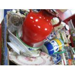 A Red Pottery Twin Handled Vase, blue and white meat plate, cut glass vase etc:- One Box