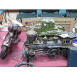 Modern Tinplate Model Motorbike, Steam Locomotive and Military Tank. (3)