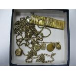 Chains, bracelets, wide link bracelet stamped "Roll Gold", heart shape locket pendants, etc.