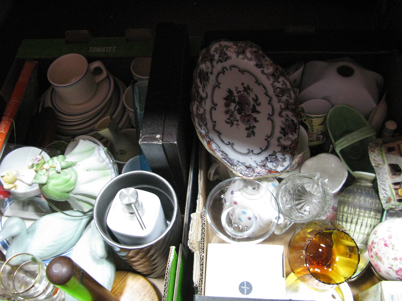 Dinner and Tea Service, with blue bands, glass ware, mugs etc. Two Boxes