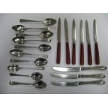 Hallmarked Silver Bladed Dessert Knives, hallmarked silver tea/coffee spoons, including bright cut