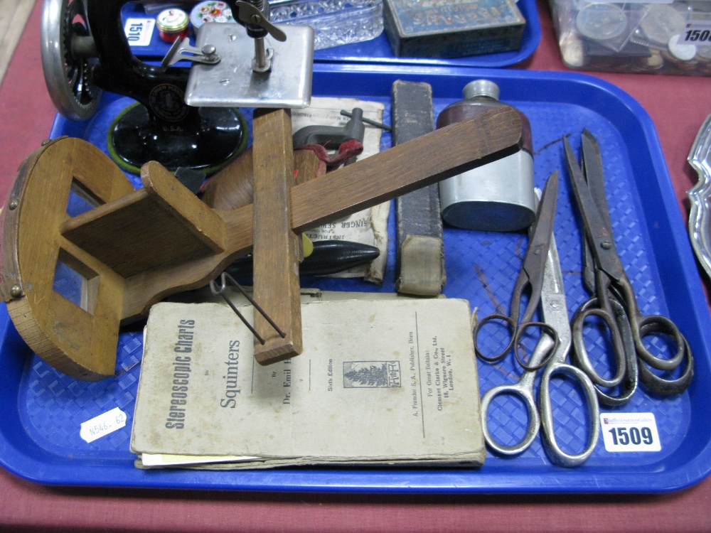 Singer Mini Sewing Machine, Squinters Stereoscopic charts, scissors, razor, flask.