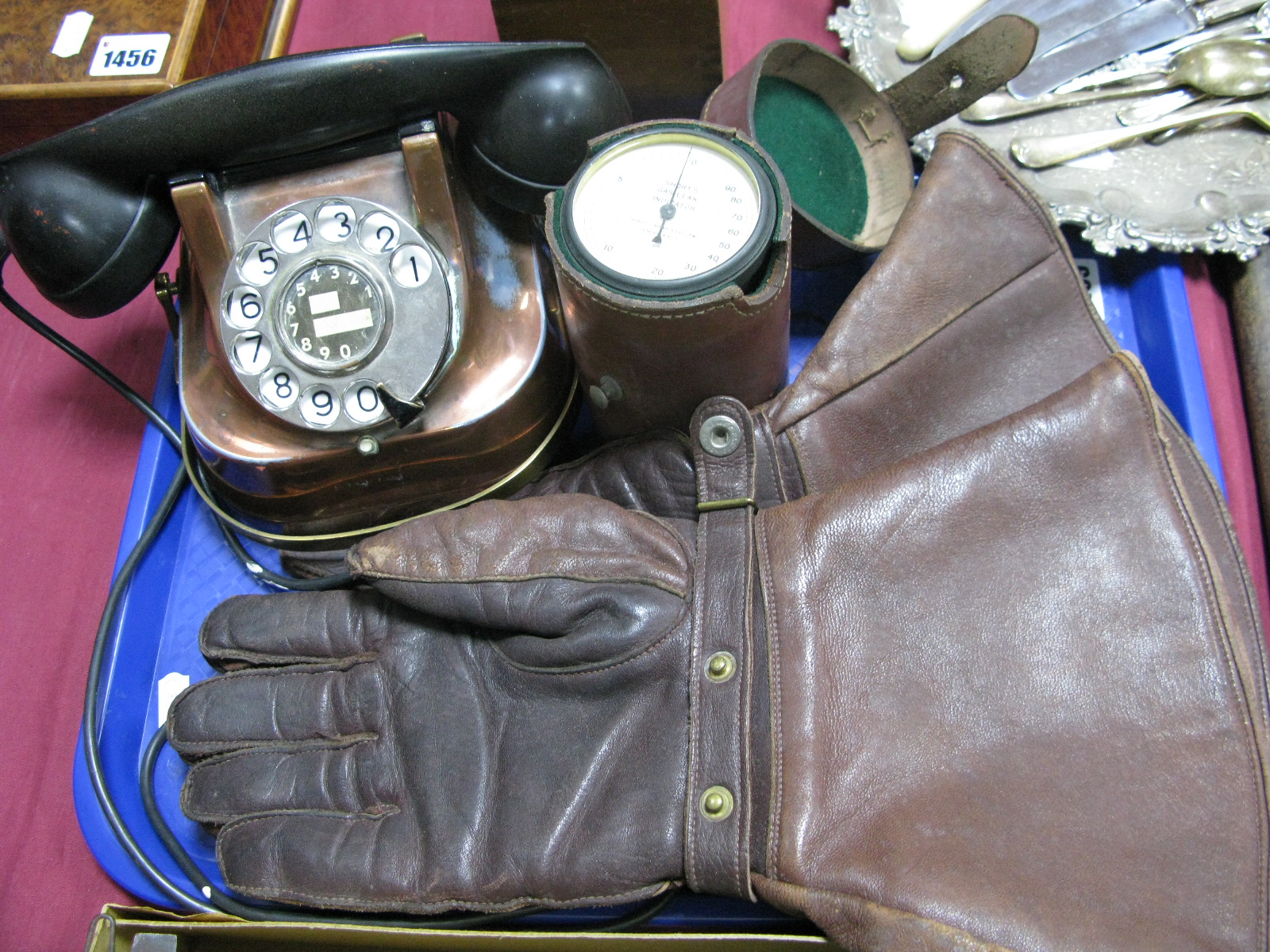 A Short's Gas Leak Indicator, Copper telephone RTT-56A. leather drivers gloves:- One Tray