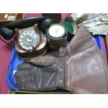 A Short's Gas Leak Indicator, Copper telephone RTT-56A. leather drivers gloves:- One Tray