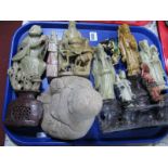 Chinese Soapstone Figures of Wise Men, concrete buddah, etc:- One Tray