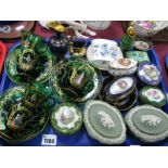 Five Green Glass Cabinet Cups and Saucers, painted and printed with floral swags and Venetian