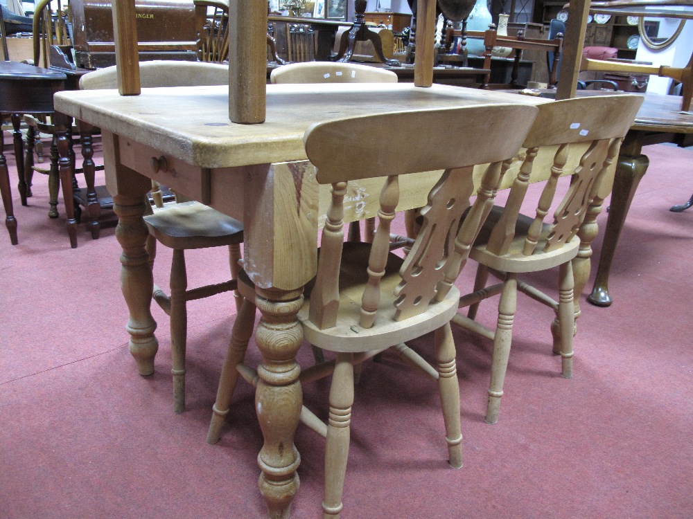 Pine Kitchen Table, with rectangular top and single drawer, on turned legs, four farmhouse