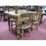 Pine Kitchen Table, with rectangular top and single drawer, on turned legs, four farmhouse