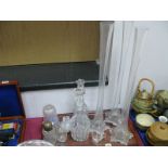 Three Tall Glass Spill Vases, 59cm tall, decanters, other glassware:- One Tray