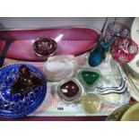 Studio Glassware, Bohemian glass hock glasses and dessert plates, paperweights etc:- One Tray