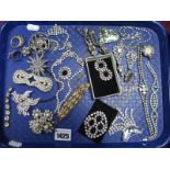 Diamanté and Other Costume Jewellery, including clip earrings, brooches, etc:- One Tray
