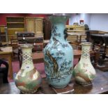 A Pair of Satsuma Pottery Bulbous Vases as Table Lamps, each with exotic bird decoration on cream