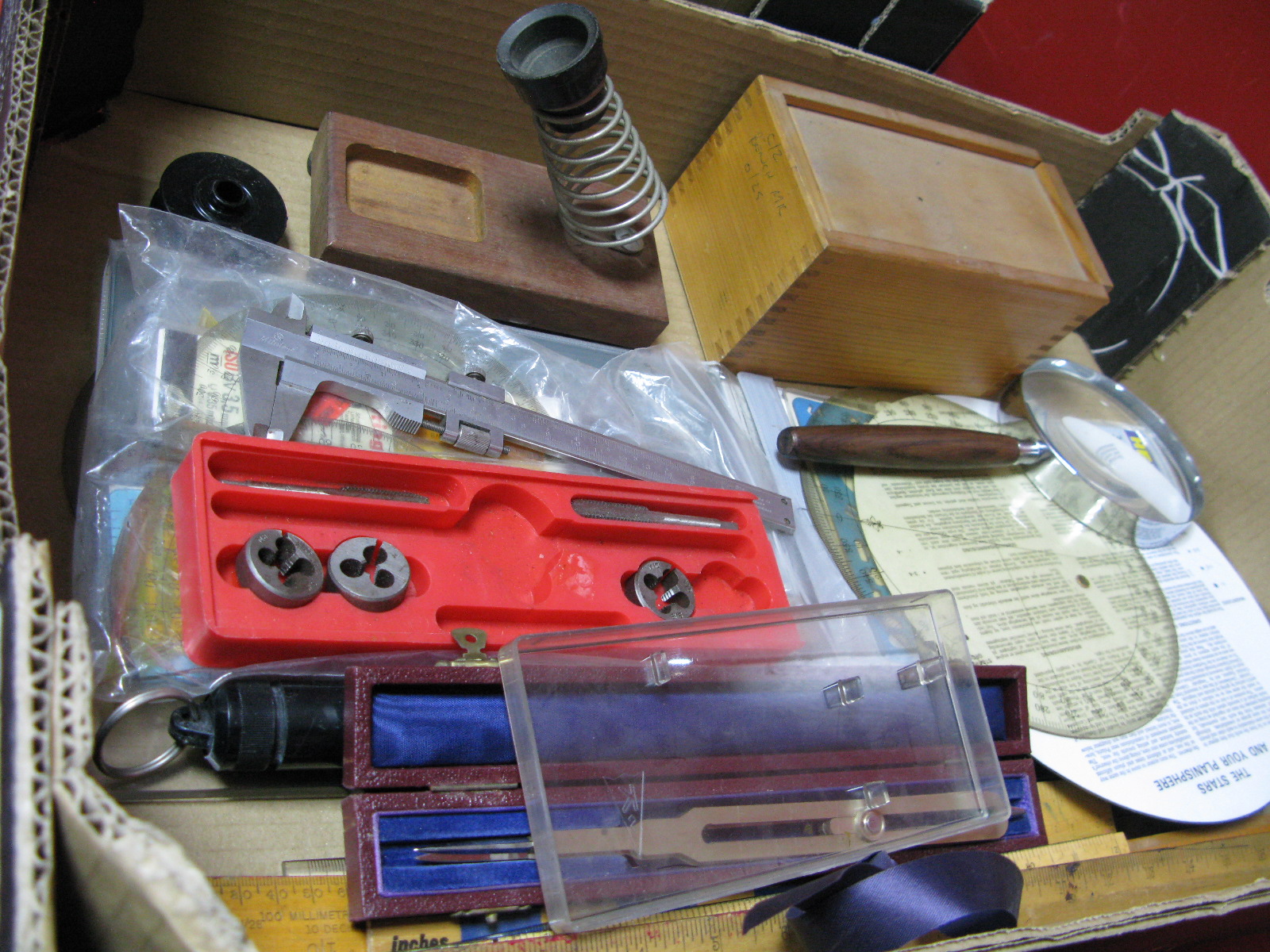 Dividers, rulers, Mitutoyo Vernier scale, micrometer magnifier, etc:- One Box