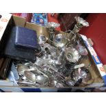 Epergne, plated tea ware, cutlery cased and loose, etc:- One Box