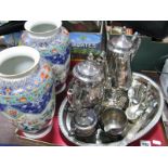 Silver Plated Four Piece Tea Set, cutlery, oval tray and two vases decorated in the Chinoiserie