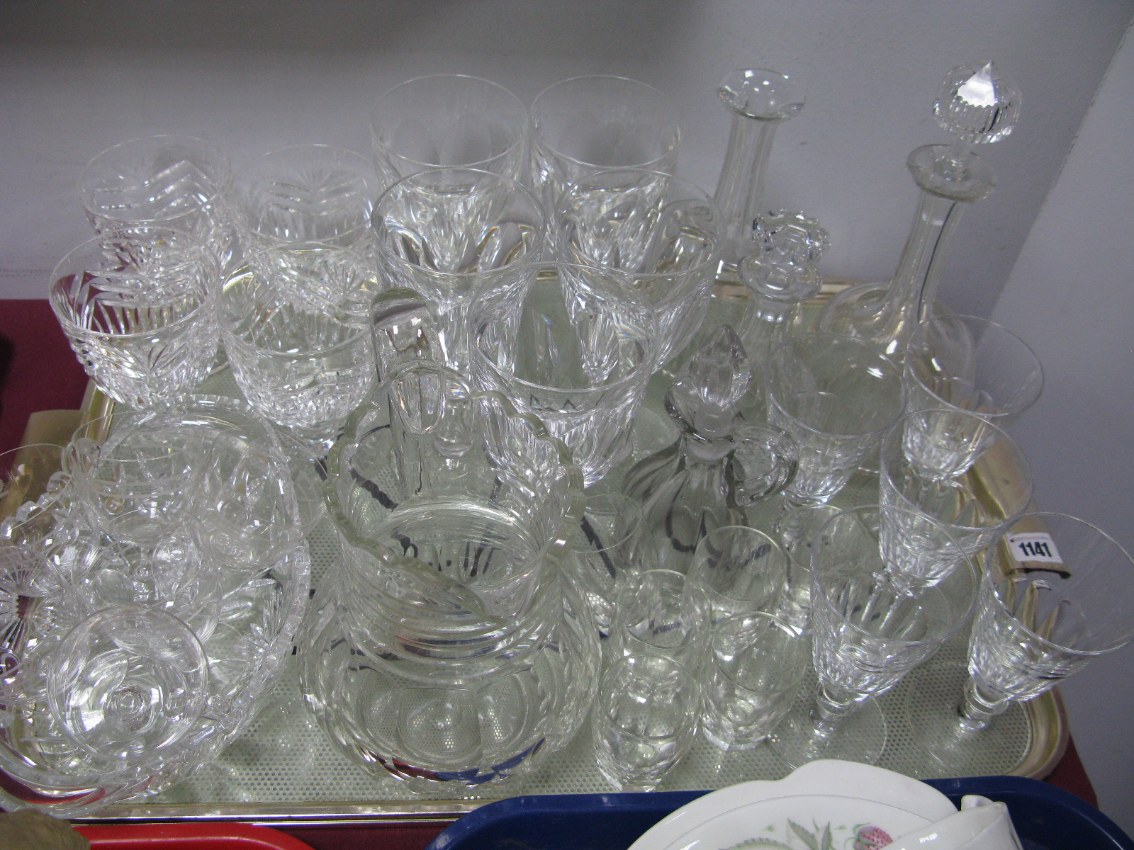 Faceted Water Jug, custard glasses, decanters, wines, etc:- One Tray