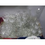 Faceted Water Jug, custard glasses, decanters, wines, etc:- One Tray