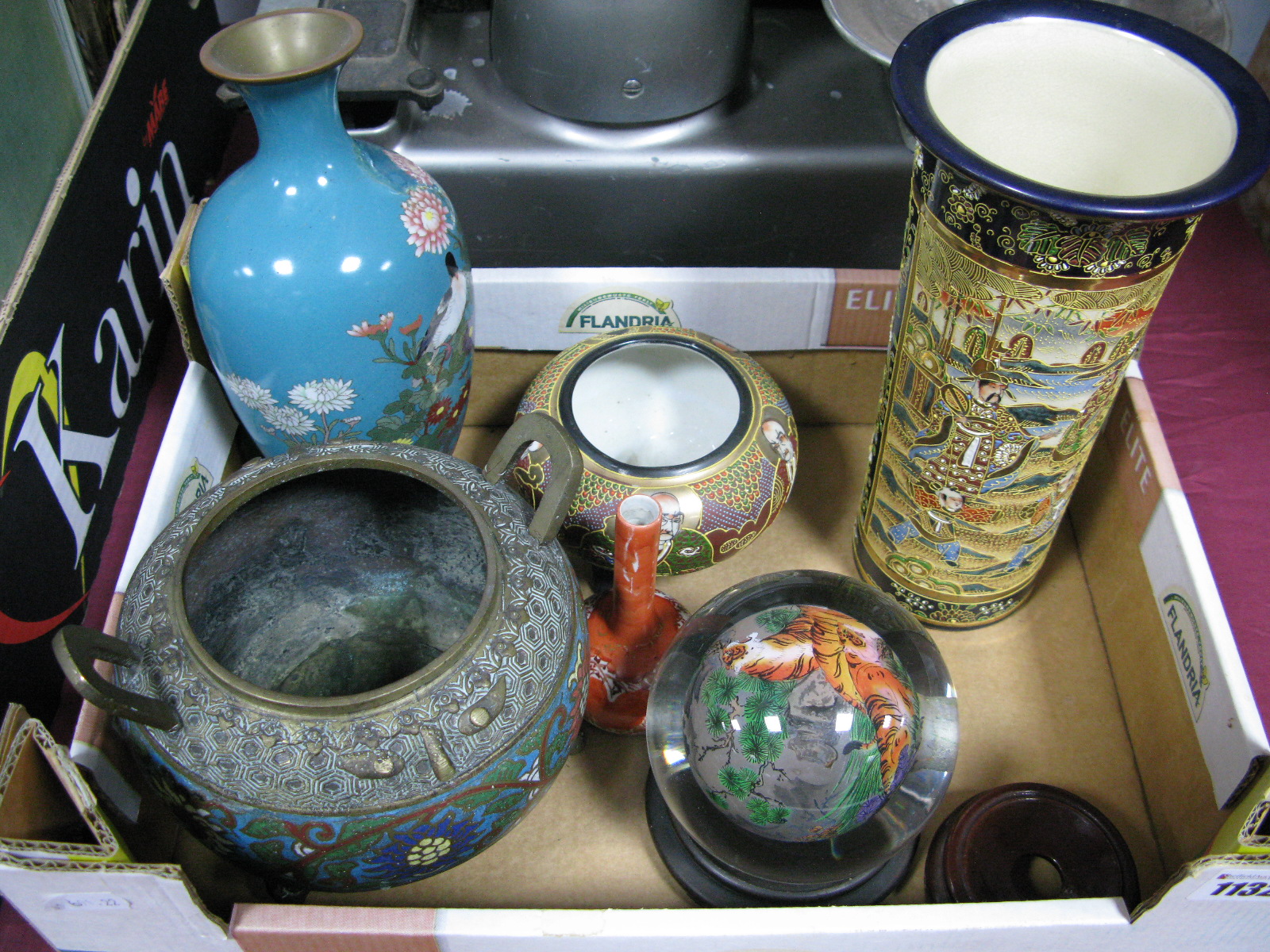 A Satsuma Vase, together with other Oriental items including cloisonné, glass, etc:- One Tray