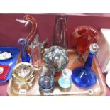 Mottles Glass Ball, blue glass liqueur decanter, Caithness and other coloured glassware:- One Tray