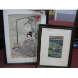 Japanese Hand Coloured Print of Seated Geisha Girl, 34 x 24cm, Indian watercolour of courting
