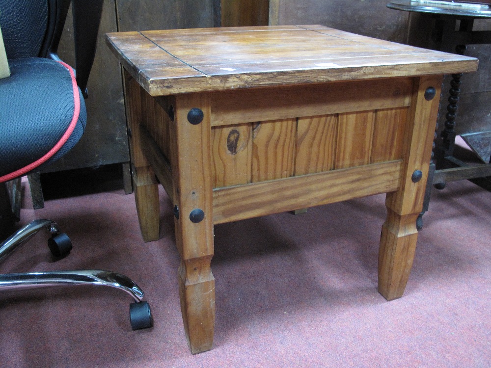 A Pine Square Shaped Lamp Table, on tapering square legs with black studs.