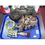 Six Various Carved Soapstone Figures:- One Tray