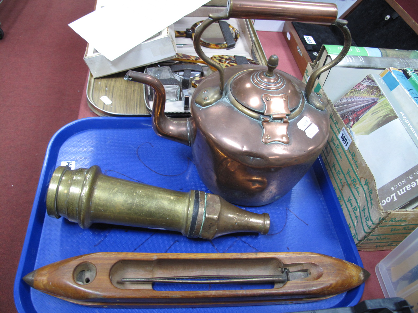 An Early XX Century Brass Fire Hose Nozzle (Type A), a Victorian copper kettle and shuttle:- One