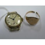 A 9ct Gold Gent's Signet Ring, (shank cut) a 9ct gold cased ladies wristwatch head (lacking strap)