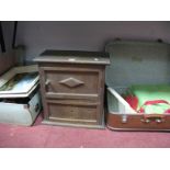 Linens, oil painting, chisels, purses, etc:- Two Boxes and an Oak Cabinet.