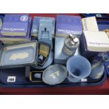 Wedgwood Jasper Ware, boxed trinkets, lighter, vases, thimbles etc:- One Tray