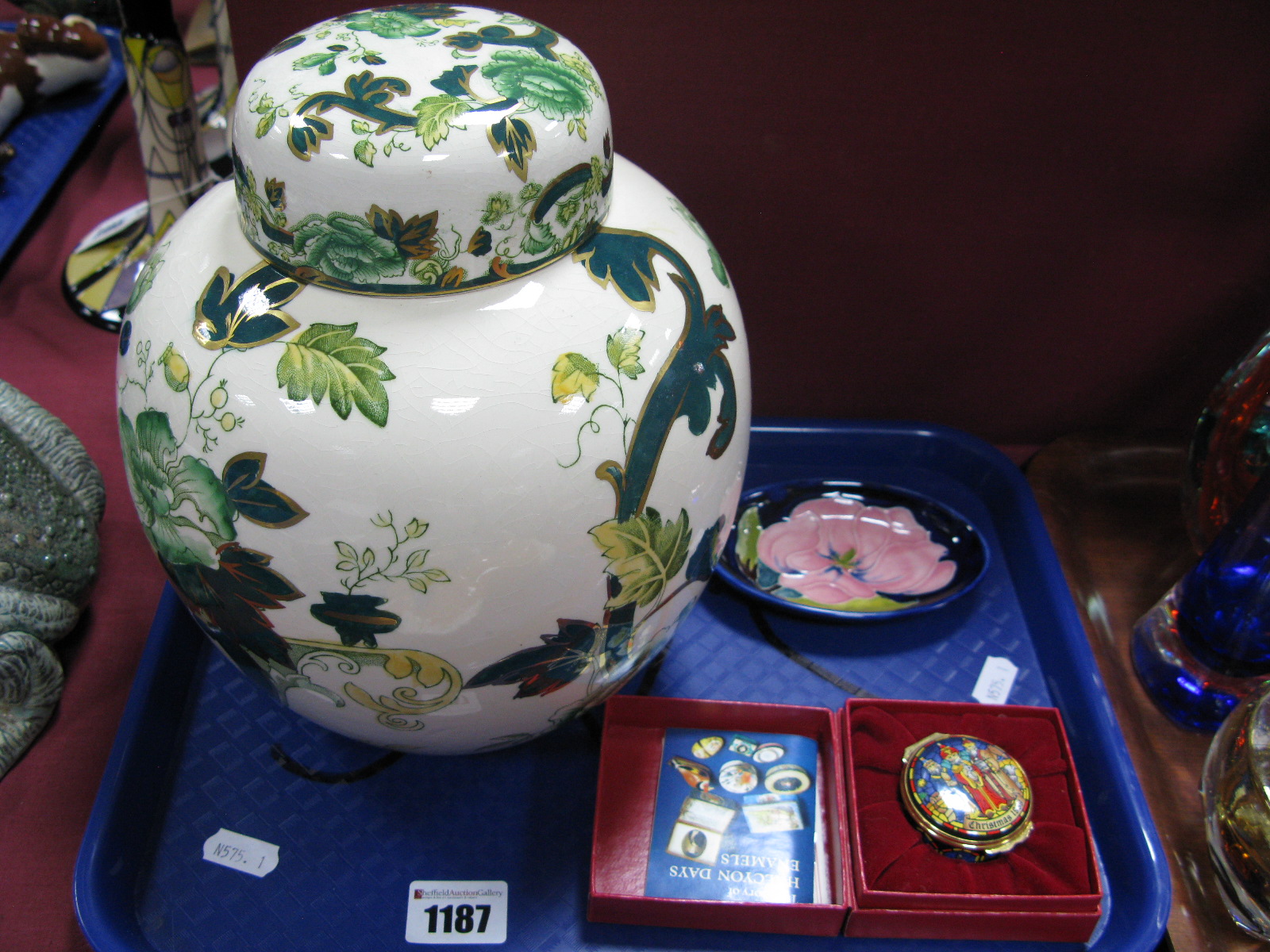 A Large Mason's Chartreuse (Green) Ginger Jar, Moorcroft oval pin dish and a Halcyon Days enamel '