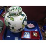 A Large Mason's Chartreuse (Green) Ginger Jar, Moorcroft oval pin dish and a Halcyon Days enamel '