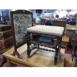 Oak Stool, with barleytwist supports to tapestry top (wormed); oak framed firescreen with needlework