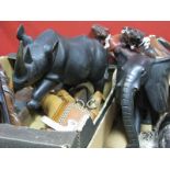 Ebonized Elephant & Rhinoceros, carved African figures, fan horns, jugglers batons, shoe trees,