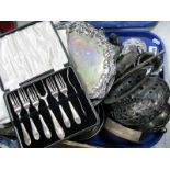 Assorted Plated Ware, including sugar caster, waiters, napkin rings, cased pastry forks, bottle