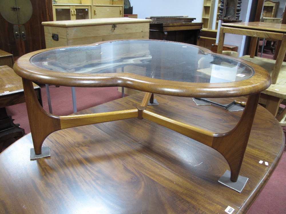 1960's Style Teak Clover Shaped Coffee Table, with a glass top on a trefoil base.