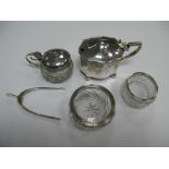 A Hallmarked Silver Mustard, (lacking liner), two hallmarked silver rimmed glass salts, hallmarked