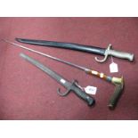 A Horn Handled Sword Stick, with silver ferrule but no sheath, bayonet with painted sheath,