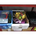 Stainless Steel Cutlery, tea set, tool box and contents, bowl of fruit centrepiece:- Two Boxes and a