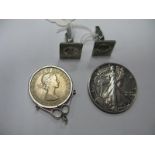 A 1989 Liberty One Dollar; together with a 1963 halfcrown mounted as a pendant and a pair of