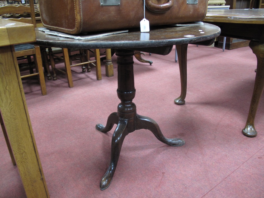 Georgian Period Pedestal Table, with snap action to circular oak top, on turned support and tripod