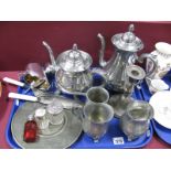 A Hallmarked Silver Topped Glass Jar, a salts jar (lacking stopper), pewter tea ware (damages),