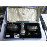 Silver Hallmarked Three Piece Condiment Set, with blue glass liners, two spoons (cased).