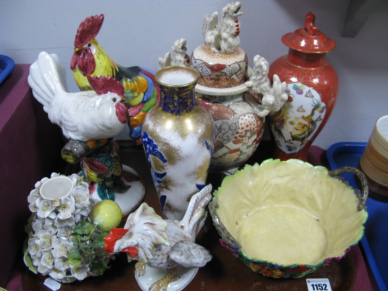 Booths Pottery Encrusted Basket, Italian bird group, Satsuma jar and cover, etc:- One Tray