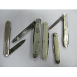 Five Pen/Fruit Knives, with silver, bone and mother of pearl scales. (5)