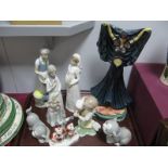 Six Spanish Pottery Figurines, Art Deco style resin figures of lady dancer, Staffordshire spaniel