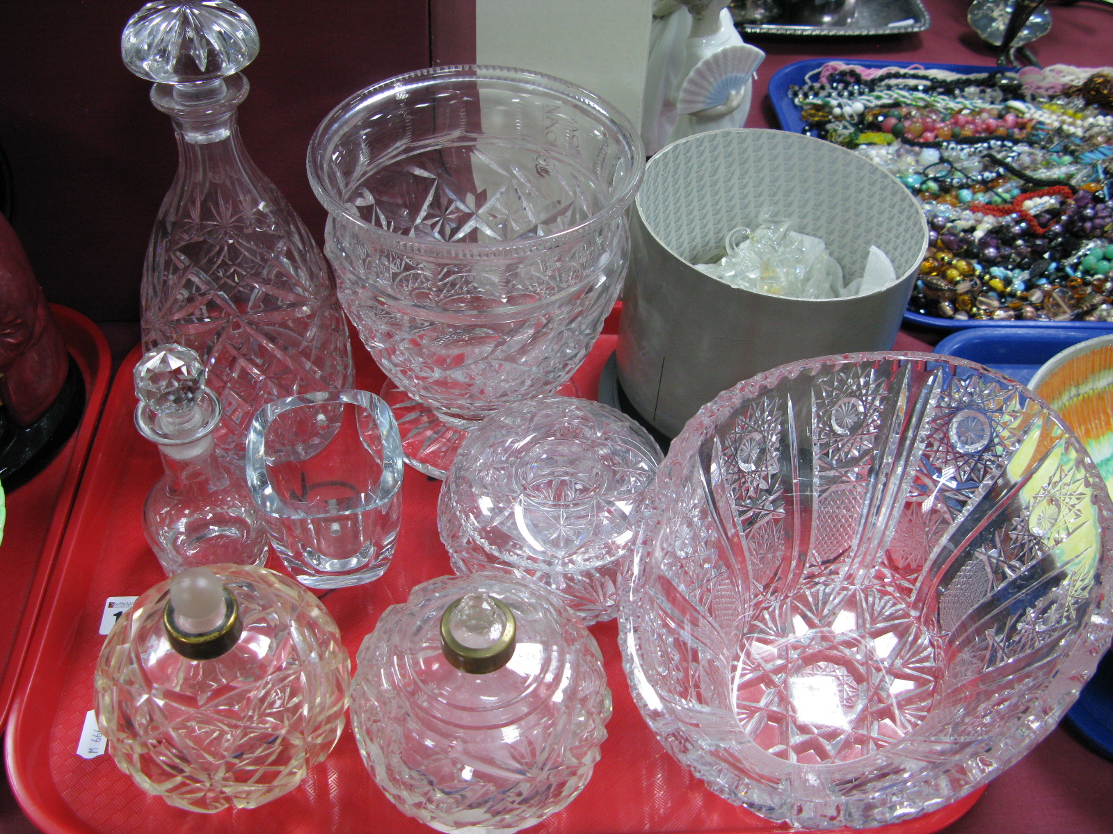 Conical Glass Decanter, cut glass bowl, Campagna vase, figures, etc:- One Tray